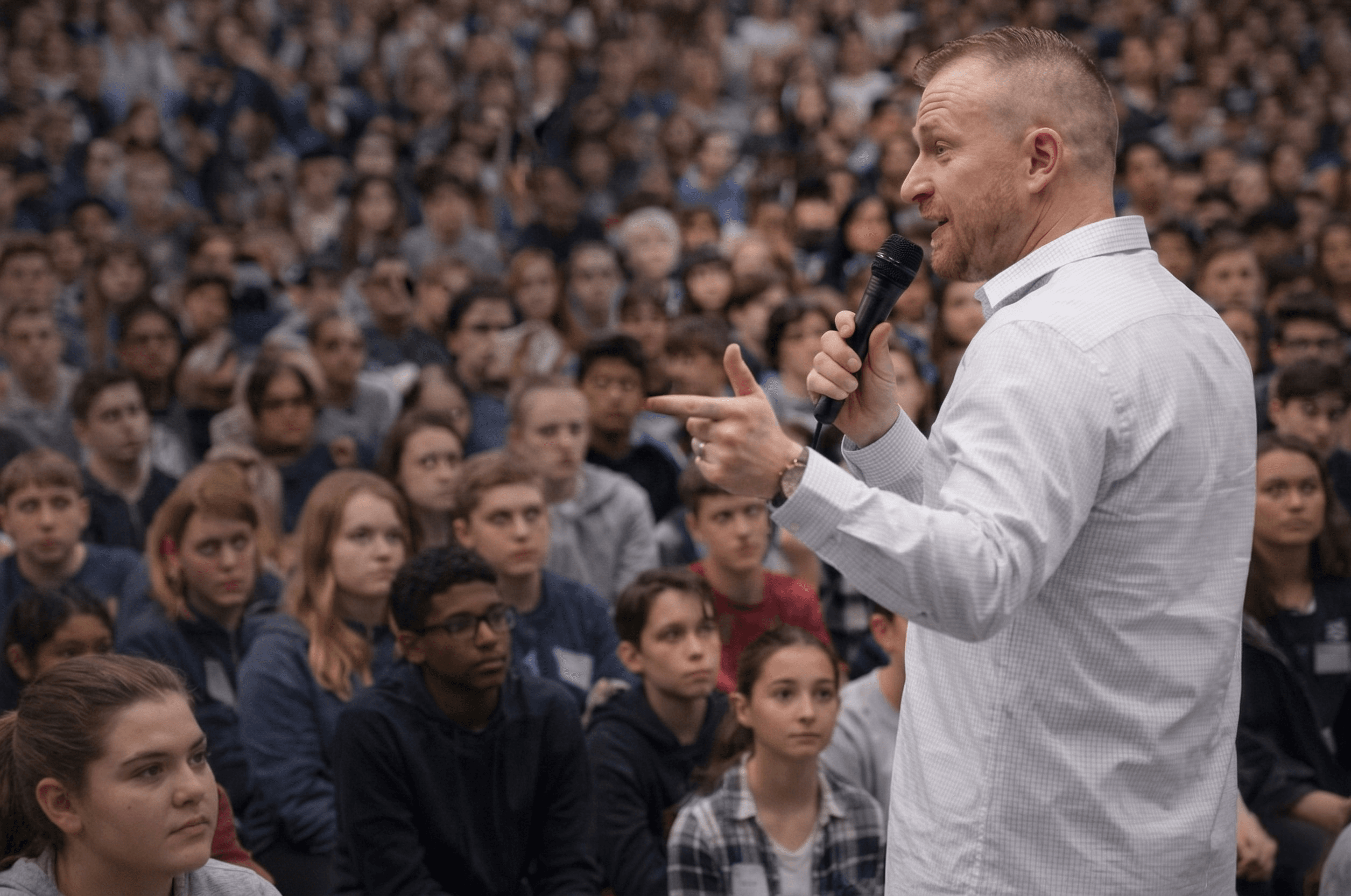 Daniel McGowan speaking to a packed auditorium