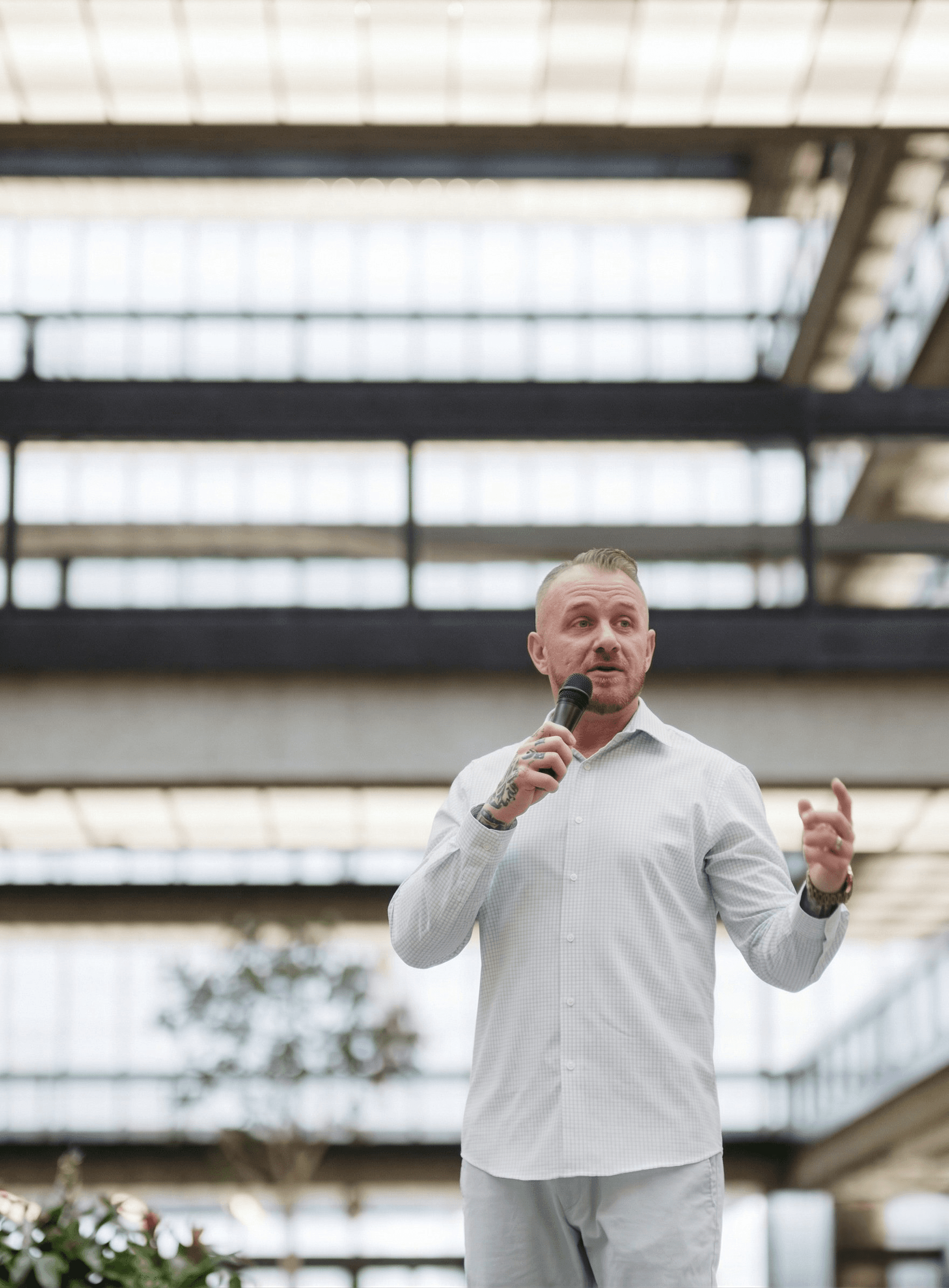 Daniel McGowan delivering a motivational speech